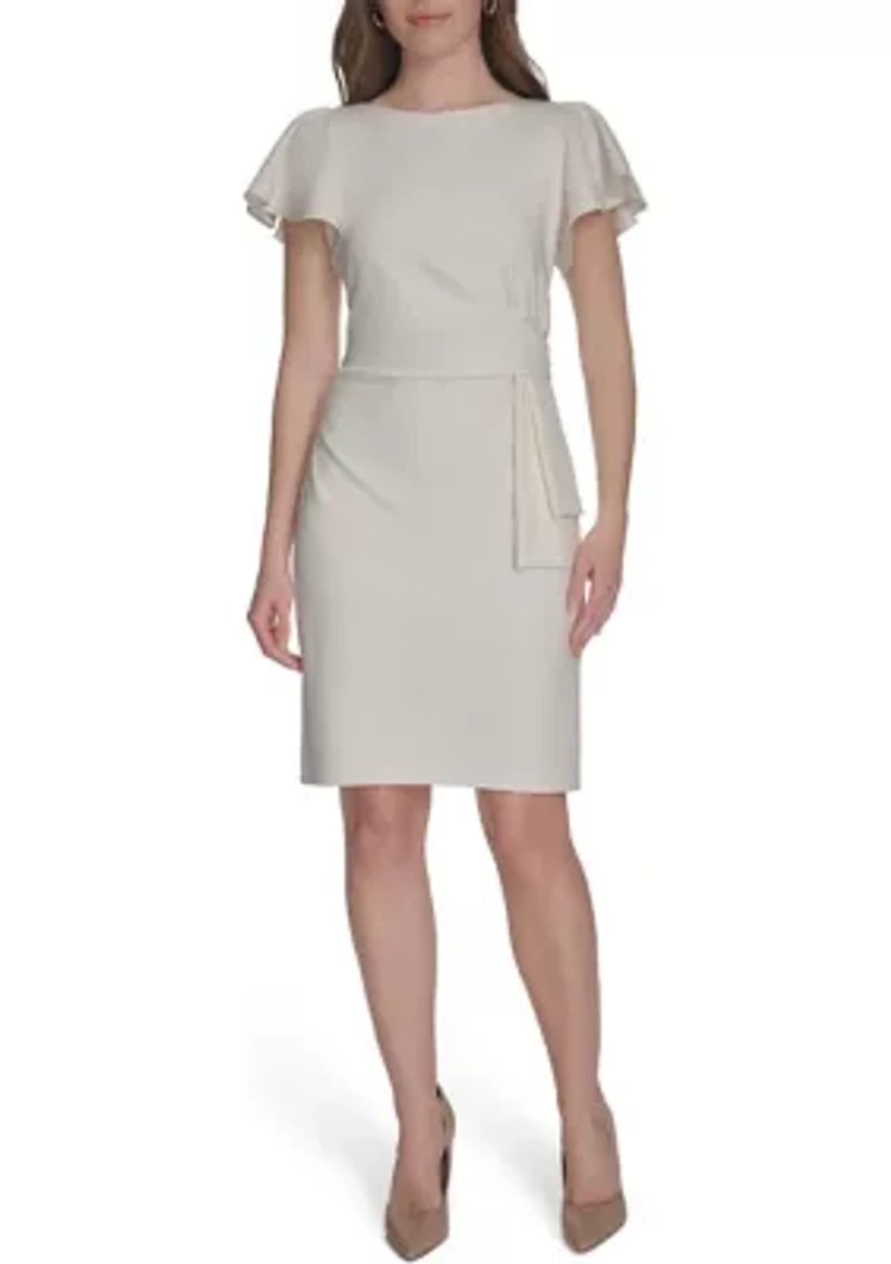 Women's Flutter Sleeve Side Draped Salon Stretch Sheath Dress