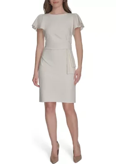 Women's Flutter Sleeve Side Draped Salon Stretch Sheath Dress