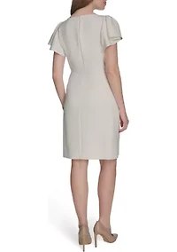 Women's Flutter Sleeve Side Draped Salon Stretch Sheath Dress