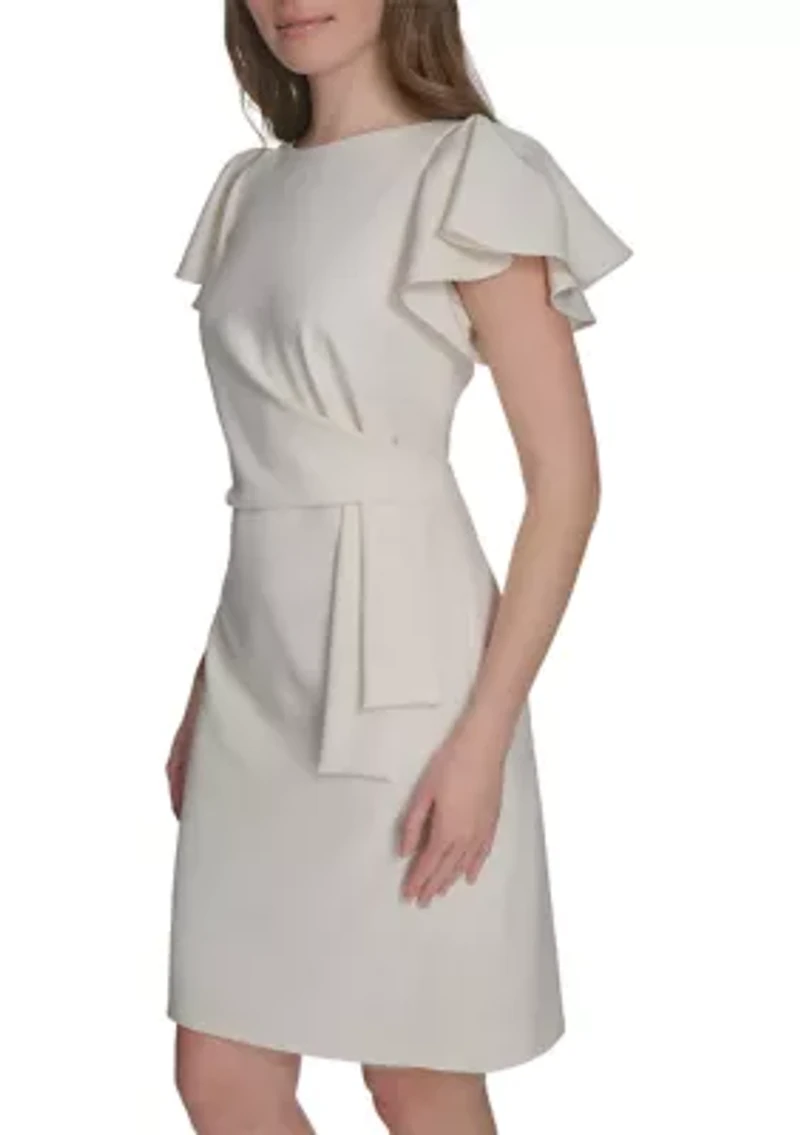 Women's Flutter Sleeve Side Draped Salon Stretch Sheath Dress