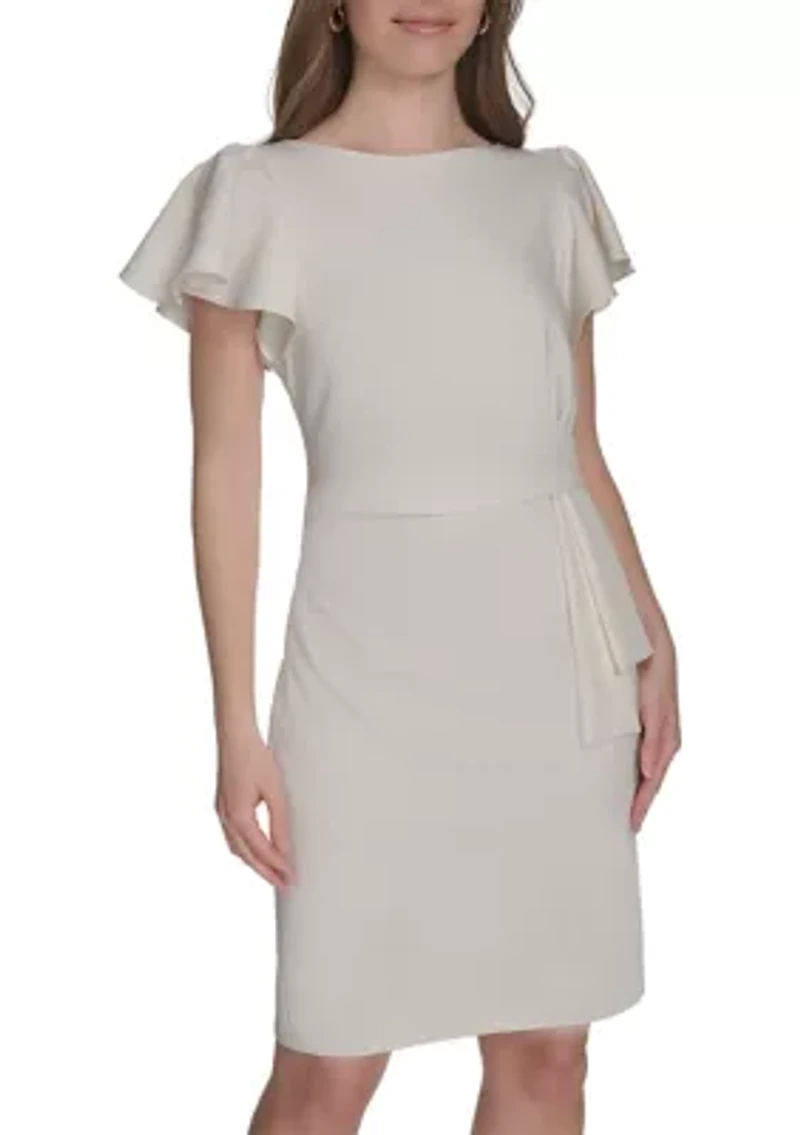 Women's Flutter Sleeve Side Draped Salon Stretch Sheath Dress