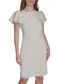 Women's Flutter Sleeve Side Draped Salon Stretch Sheath Dress