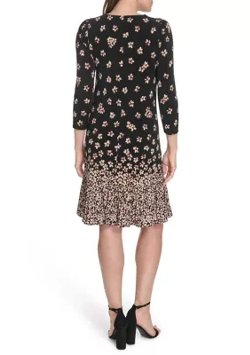 Women's 3/4 Sleeve Single Ruffle Hem Dress
