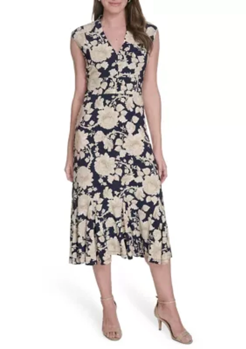 Women's Printed Cap Sleeve V-Neck Midi Jersey Dress