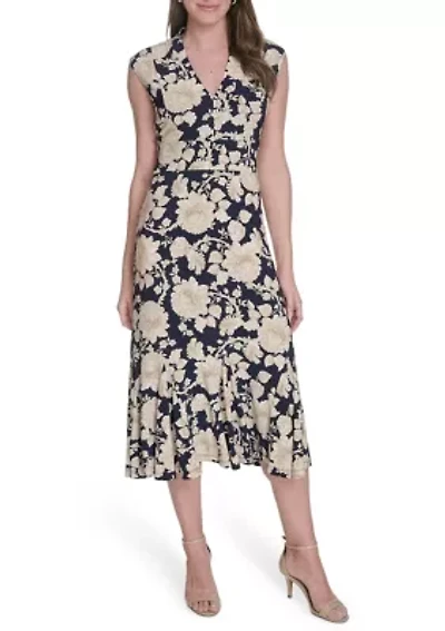 Women's Printed Cap Sleeve V-Neck Midi Jersey Dress