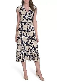 Women's Printed Cap Sleeve V-Neck Midi Jersey Dress