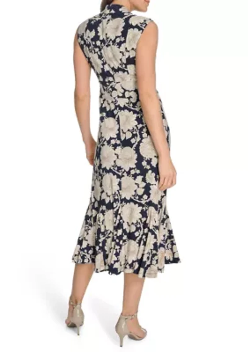 Women's Printed Cap Sleeve V-Neck Midi Jersey Dress