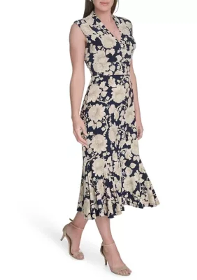 Women's Printed Cap Sleeve V-Neck Midi Jersey Dress