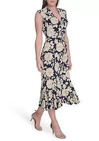 Women's Printed Cap Sleeve V-Neck Midi Jersey Dress