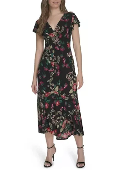 Women's Flutter Sleeve V-Neck Midi Dress