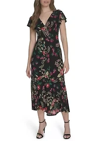 Women's Flutter Sleeve V-Neck Midi Dress
