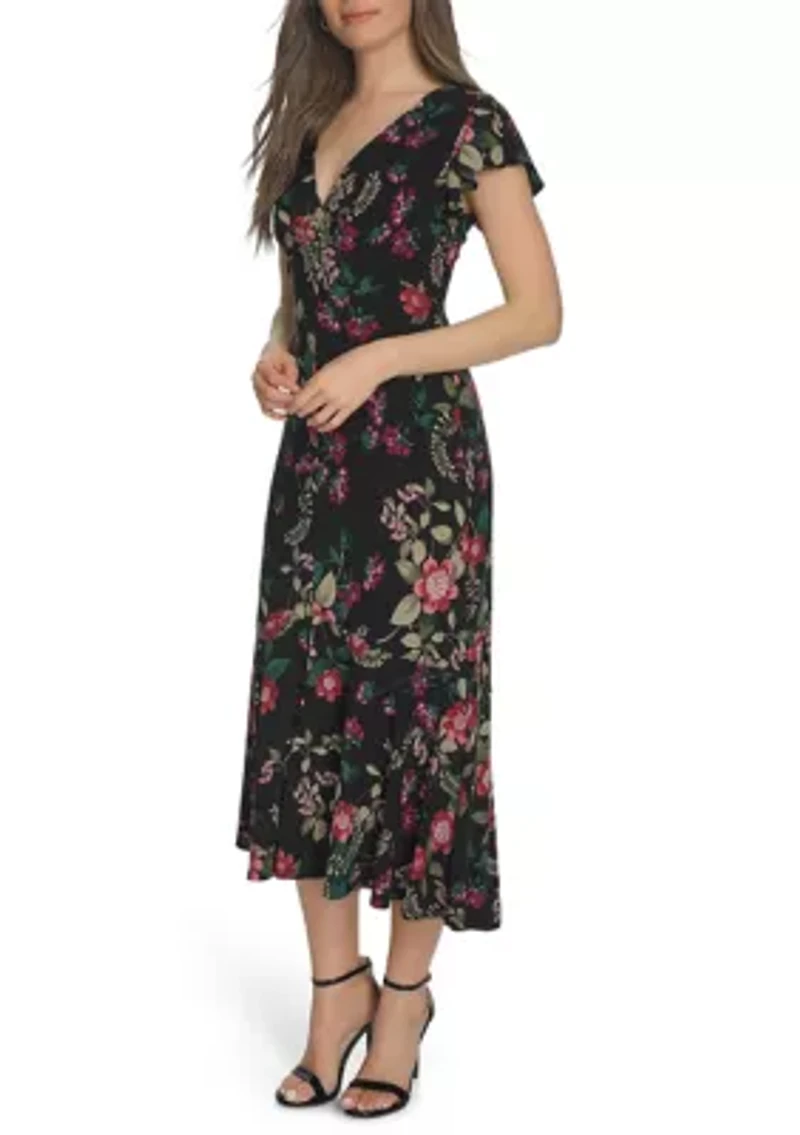 Women's Flutter Sleeve V-Neck Midi Dress