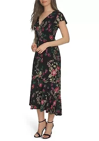 Women's Flutter Sleeve V-Neck Midi Dress