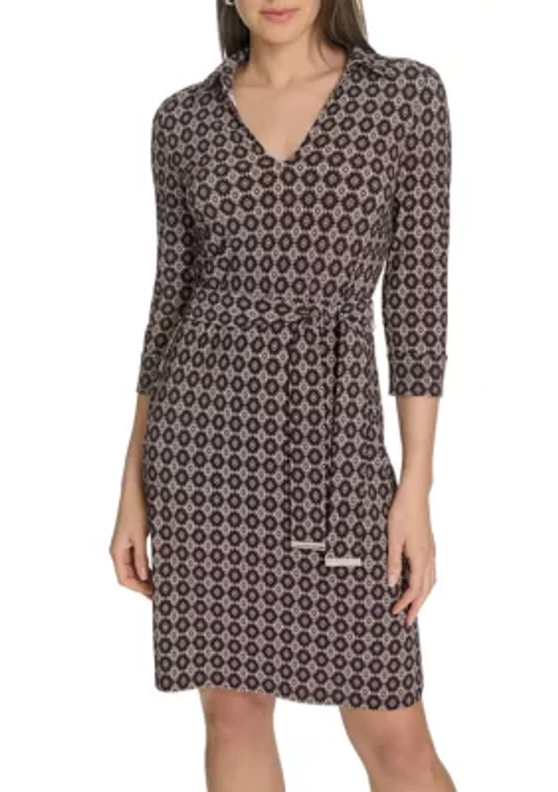 Women's 3/4 Length Sleeve Collared Fit and Flare Dress