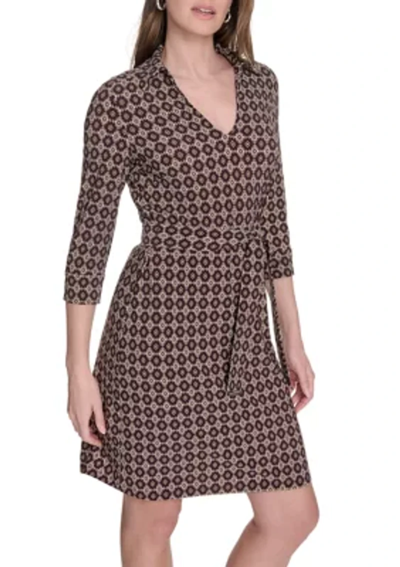 Women's 3/4 Length Sleeve Collared Fit and Flare Dress