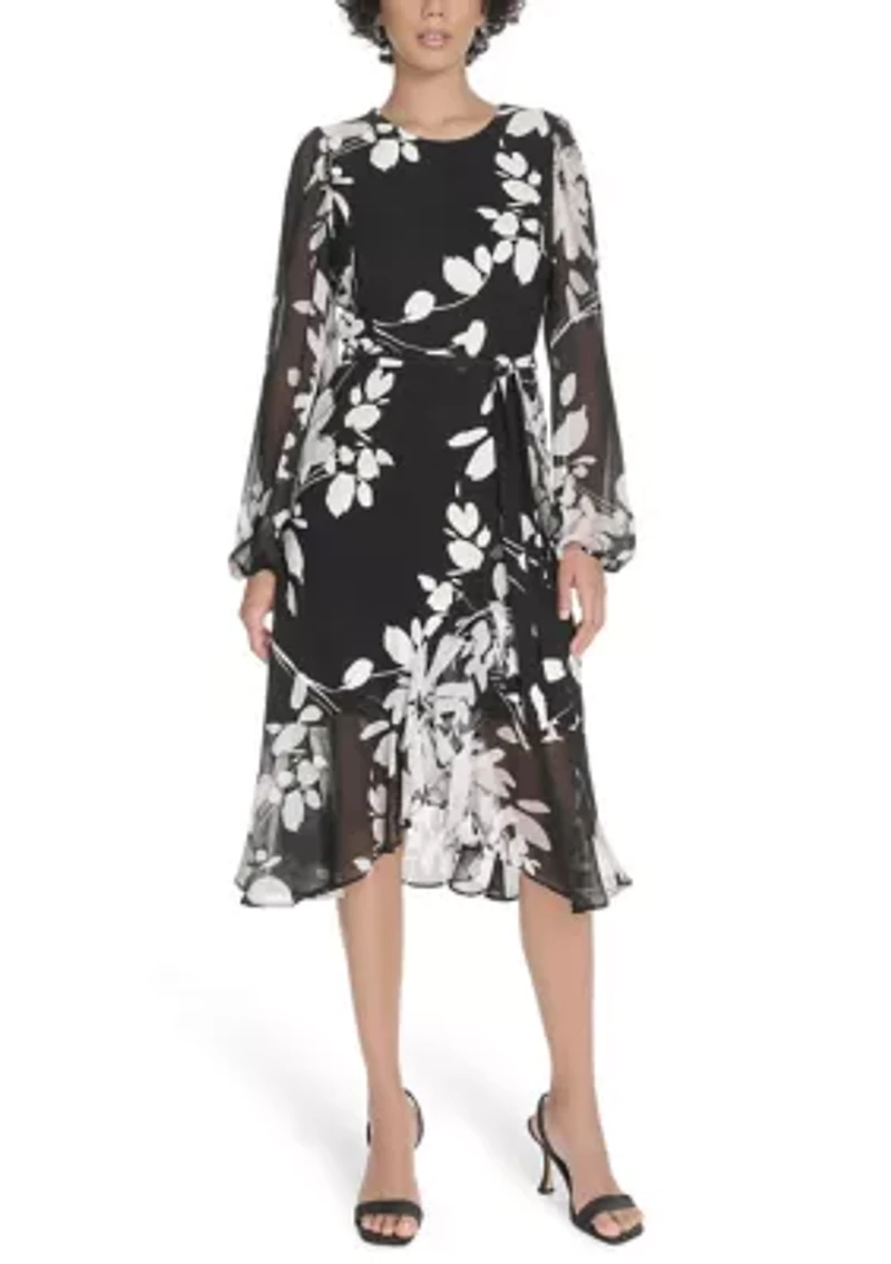 Women's Sheer Long Sleeve Flounce Hem Midi Dress