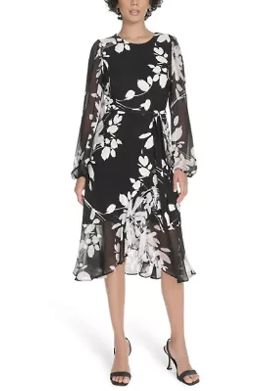 Women's Sheer Long Sleeve Flounce Hem Midi Dress