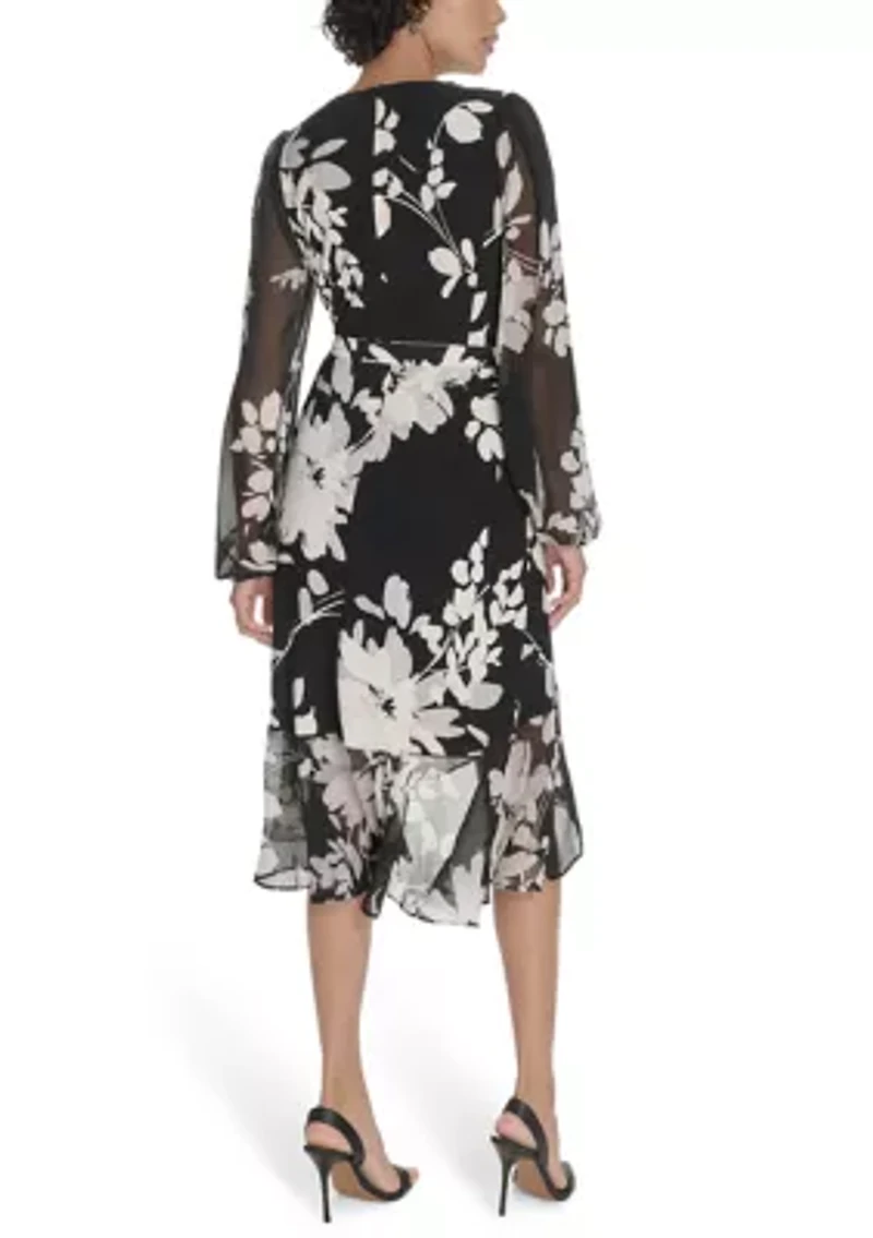 Women's Sheer Long Sleeve Flounce Hem Midi Dress