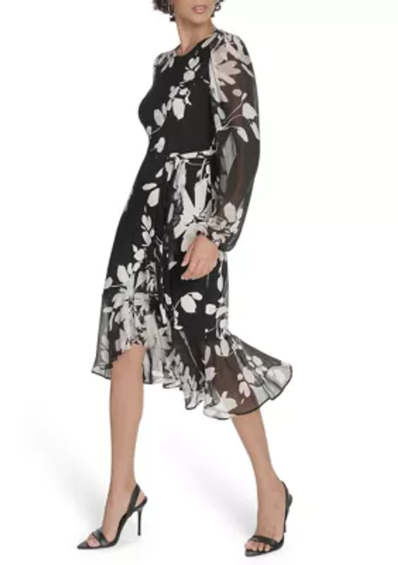 Women's Sheer Long Sleeve Flounce Hem Midi Dress