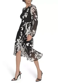 Women's Sheer Long Sleeve Flounce Hem Midi Dress