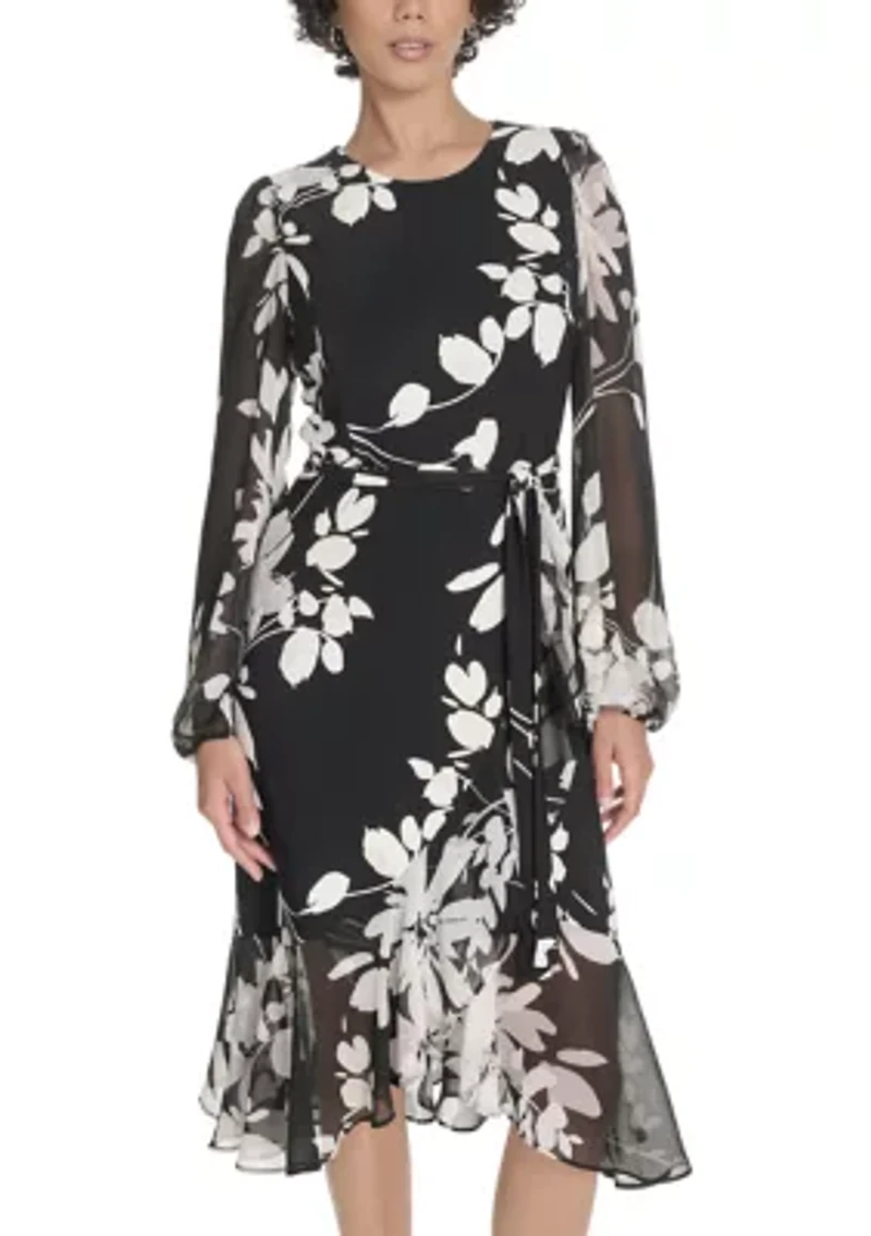 Women's Sheer Long Sleeve Flounce Hem Midi Dress