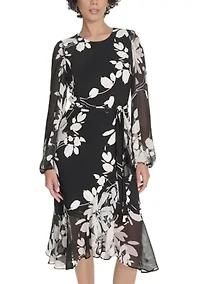 Women's Sheer Long Sleeve Flounce Hem Midi Dress