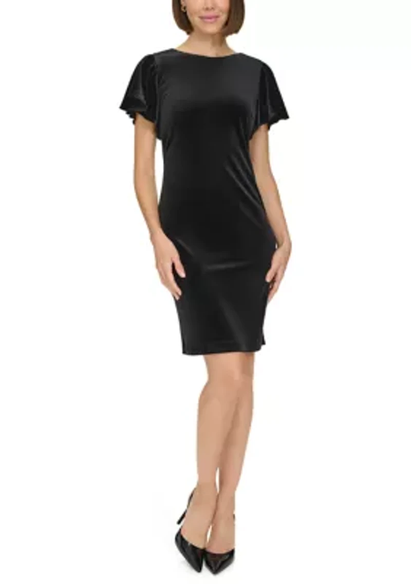 Women's Flutter Sleeve Velvet Shift Dress