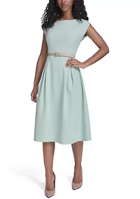 Women's Fit and Flare Midi Dress with Belt