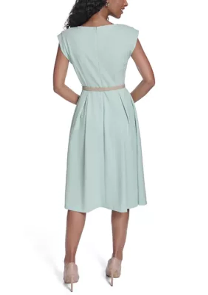 Women's Fit and Flare Midi Dress with Belt