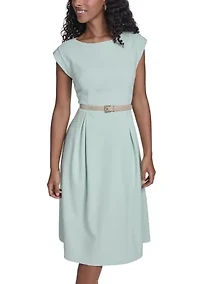 Women's Fit and Flare Midi Dress with Belt