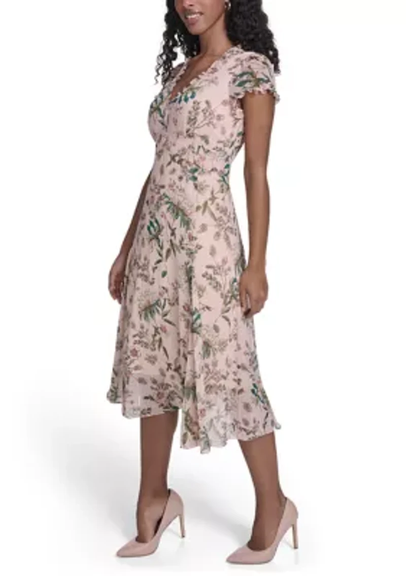 Women's V-Neck Print Midi Dress