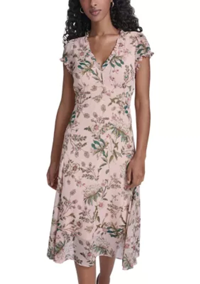 Women's V-Neck Print Midi Dress