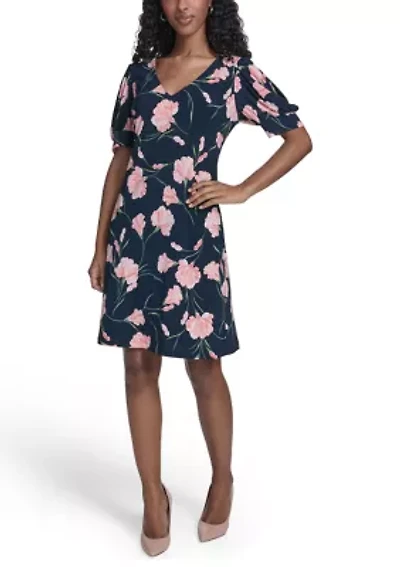 Women's Puff Sleeve V-Neck Shift Dress