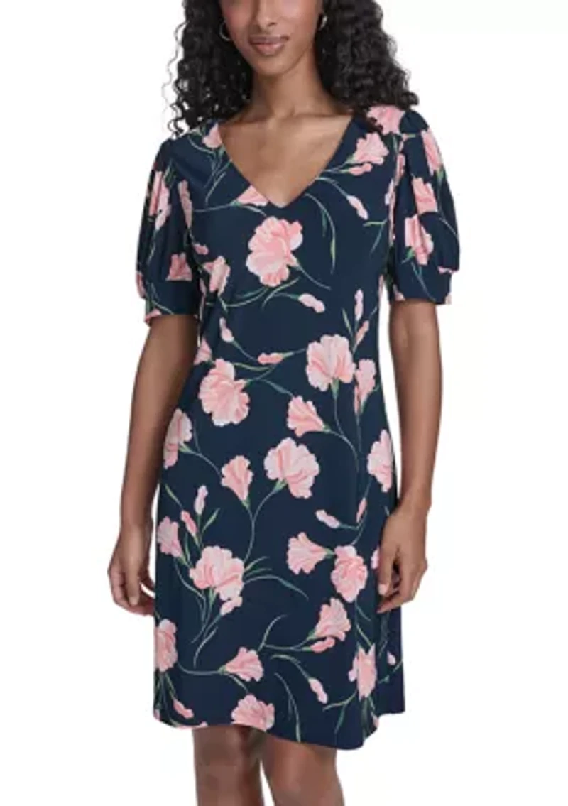 Women's Puff Sleeve V-Neck Shift Dress