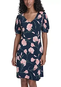 Women's Puff Sleeve V-Neck Shift Dress