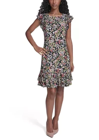 Women's Chiffon Flutter Sleeve Jersey Shift with Double Hem Flounce