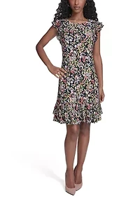 Women's Chiffon Flutter Sleeve Jersey Shift with Double Hem Flounce