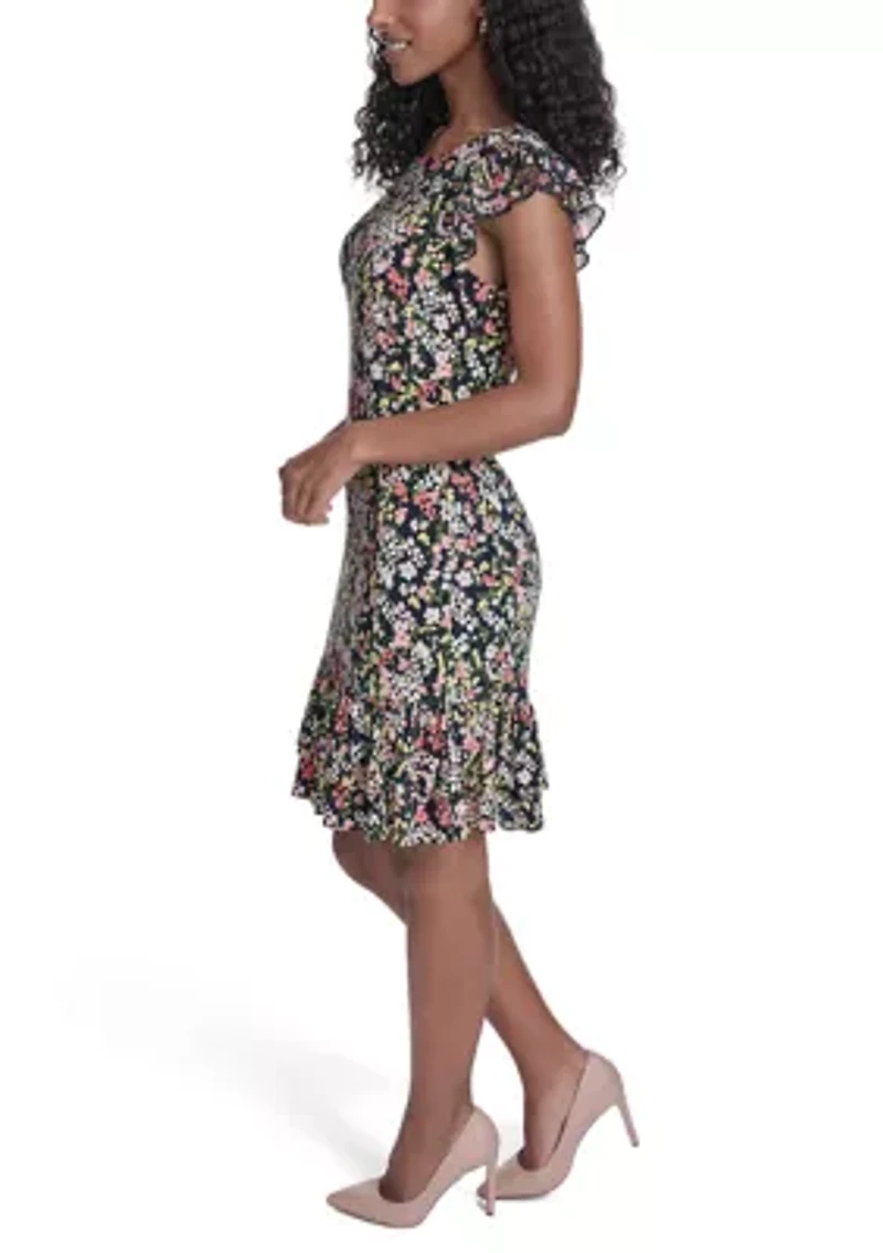 Women's Chiffon Flutter Sleeve Jersey Shift with Double Hem Flounce