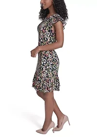 Women's Chiffon Flutter Sleeve Jersey Shift with Double Hem Flounce