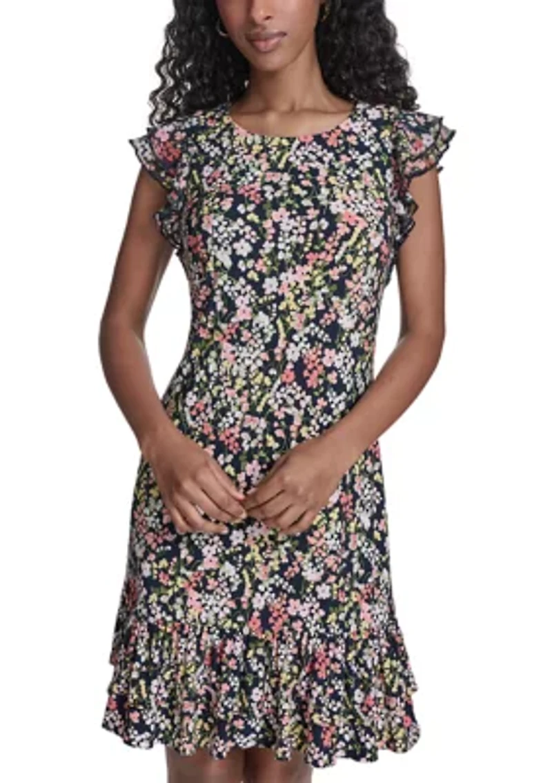 Women's Chiffon Flutter Sleeve Jersey Shift with Double Hem Flounce