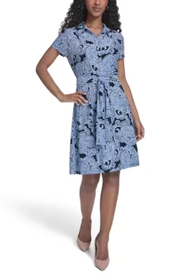 Women's Short Sleeve Shirtdress with Sash