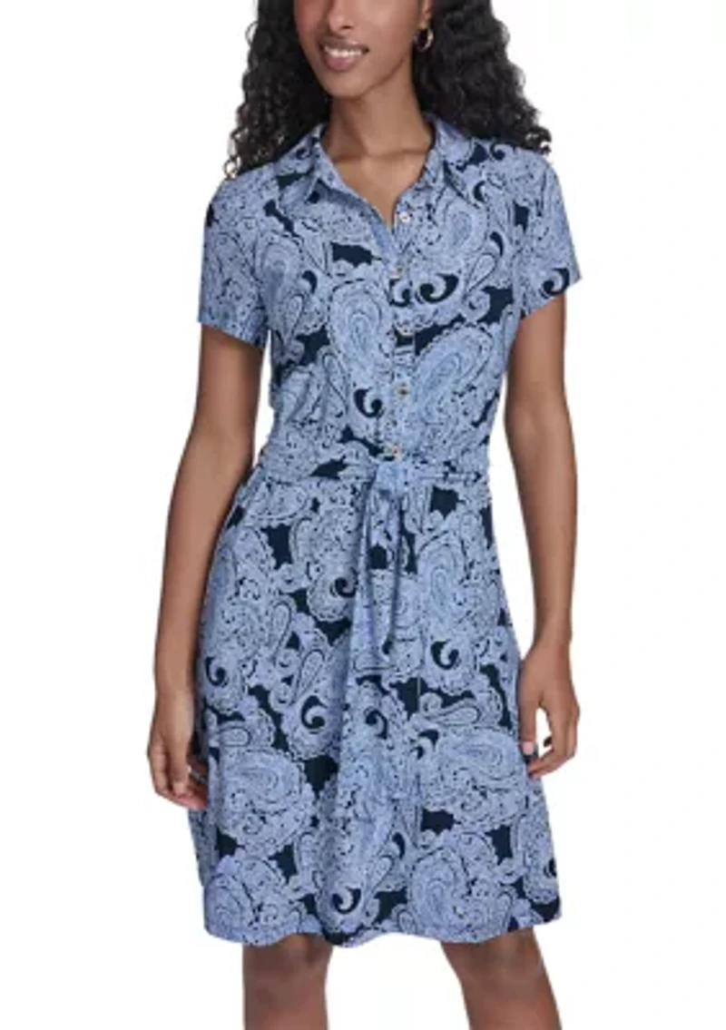 Women's Short Sleeve Shirtdress with Sash