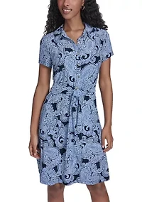 Women's Short Sleeve Shirtdress with Sash