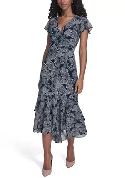 Women's Ruffle Sleeve Flounce Hem Mixed Media Dress