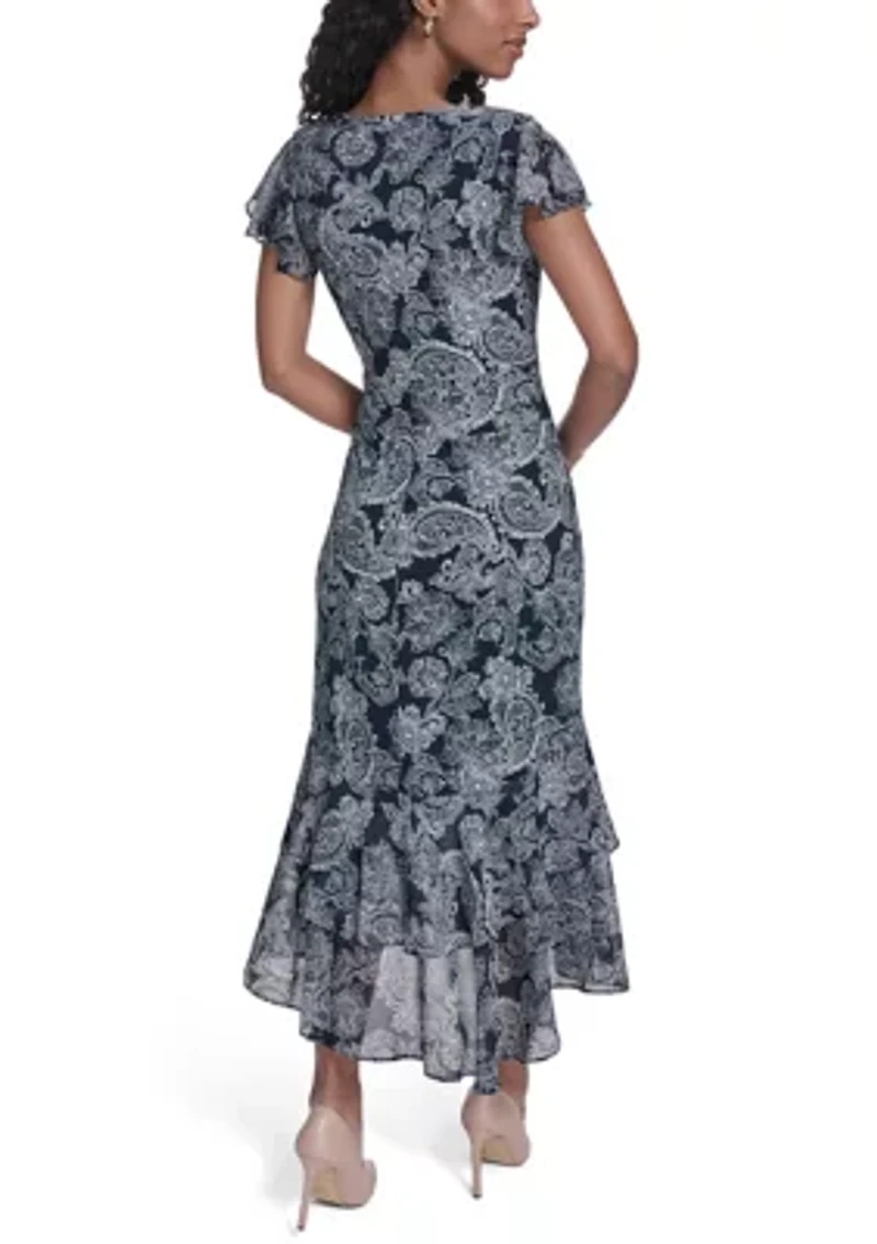 Women's Ruffle Sleeve Flounce Hem Mixed Media Dress