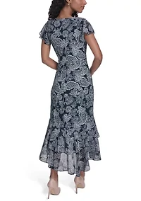 Women's Ruffle Sleeve Flounce Hem Mixed Media Dress