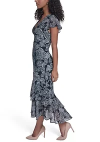 Women's Ruffle Sleeve Flounce Hem Mixed Media Dress