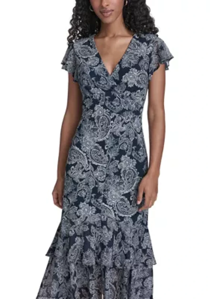 Women's Ruffle Sleeve Flounce Hem Mixed Media Dress