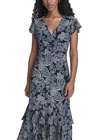 Women's Ruffle Sleeve Flounce Hem Mixed Media Dress