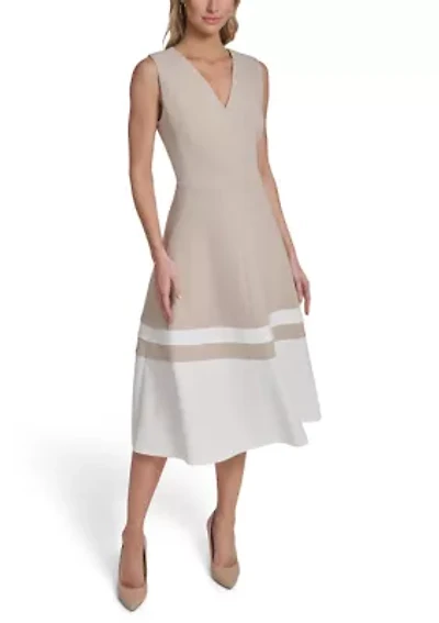Women's V-Neck Color Block Midi Dress with Cap Sleeves